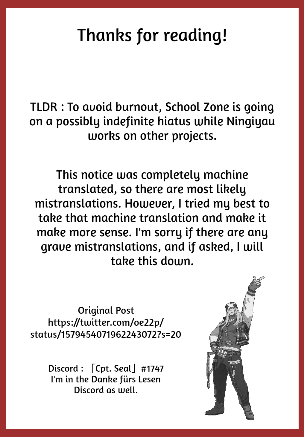 School Zone (Ningiyau) Chapter 99.5: Hiatus Notice - Picture 2